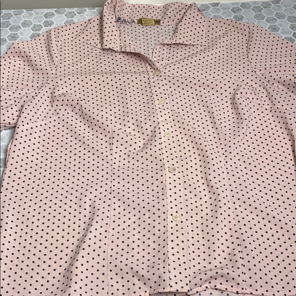 Notations 2X Pink Polka Dot Button Up Short Sleeve